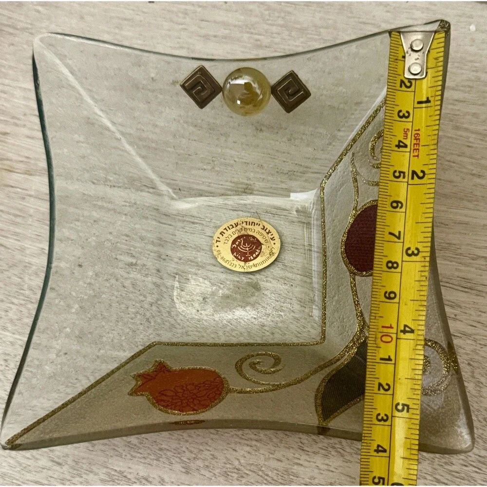 Lily Art Israel Handmade Glass Dish Pomegranate Design Gold Accents w/ Label